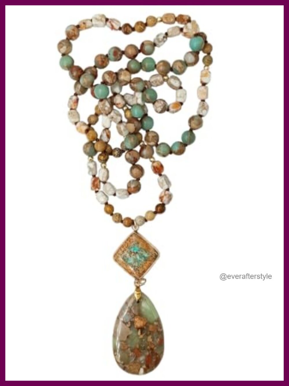 Long Bohemian Natural Stone Jasper Beaded Necklace Handmade Healing